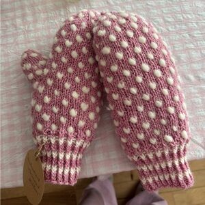 Pink and White Wool Mittens